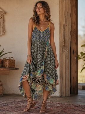 Gypsy Rose Patchwork Boho Hippie Handkerchief Summer Dress